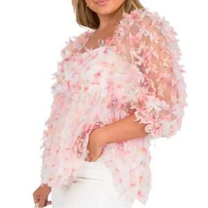 Storia Women Babydoll Top Size M Fairy Pink Sheer Lightweight Puff Sleeve NWT